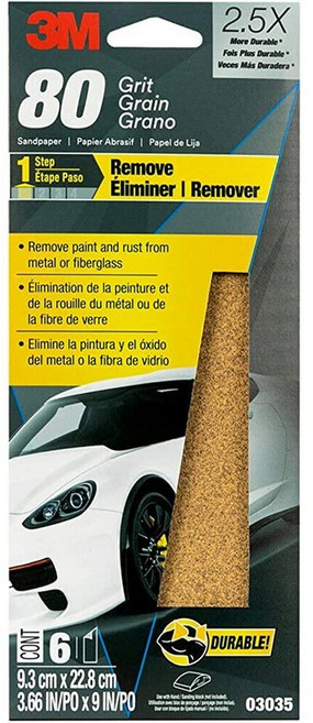 3M 사포 03035 80 그릿 8.9cm x 22.9cm(3 2/3 x 9인치) 6장, 1개