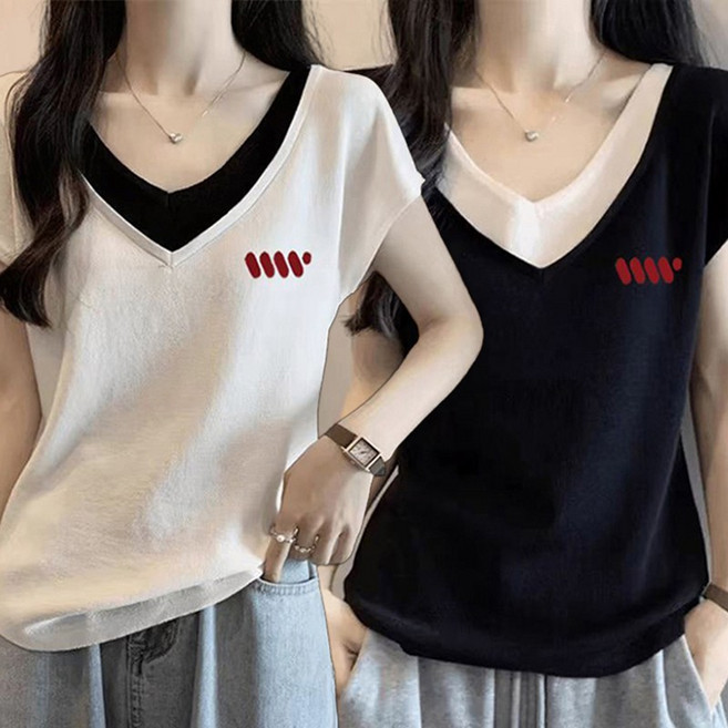 2장세트 레이어드 반팔티셔츠 데일리 날씬해보이는 브이넥 반팔티 빅사이즈 M-3XL 반팔 영문티 프린팅 여름티