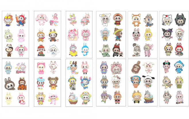 노아벨 라부부 캐릭터 타투 스티커, 1세트, 12매