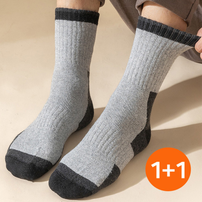 1+1 남성 배색 겨울 양말 장목 두꺼운 양모 파일 등산 양말, 1세트, 블랙+그레이