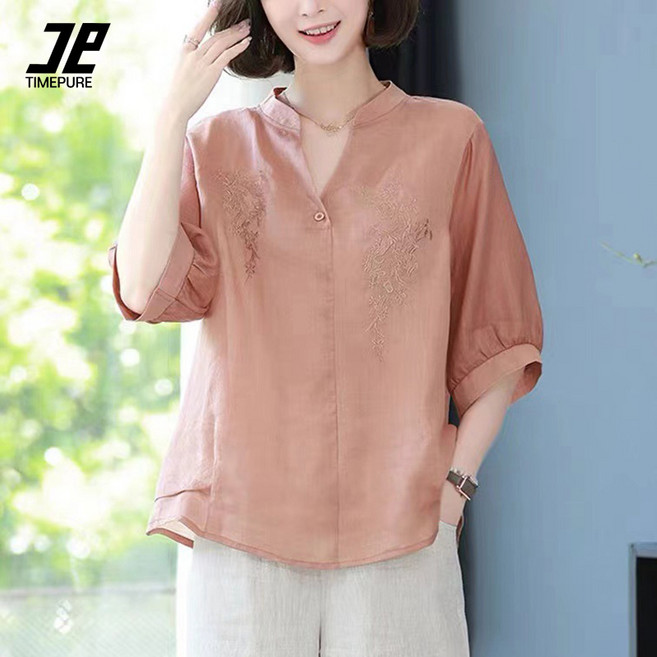 TIMEPURE 여름 여성 엄마룩 7부 소매 셔츠 반팔 루즈핏 캐주얼 상의