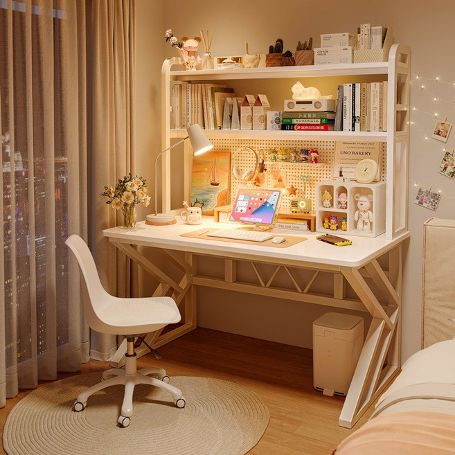 BYOU 다기능 철제 선반 책상 타공판 수납 컴퓨터 책상 800 1000 1200, 따뜻한 화이트