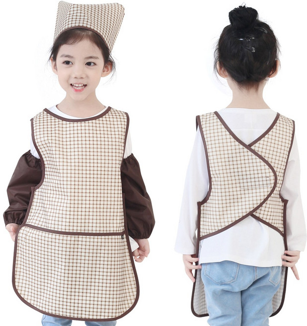 아동용 방수 앞치마두건토시세트, 브라운체크