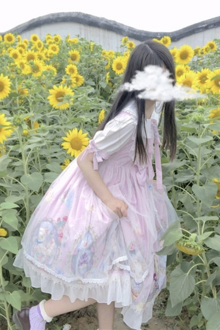 로리타 풍성한 빅사이드 드레스 쉬폰 공주풍 핑크 리본 데일리 할로윈