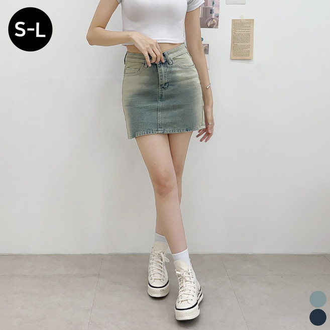 끌로이 여성 빈티지 틴워싱 데님 미니 스커트 면 하이웨스트 숏 청치마