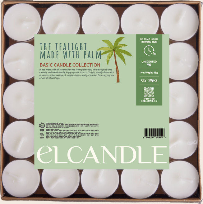 엘캔들 식물성 팜왁스 티라이트 캔들 투명 용기, 50개, 18g, 무향