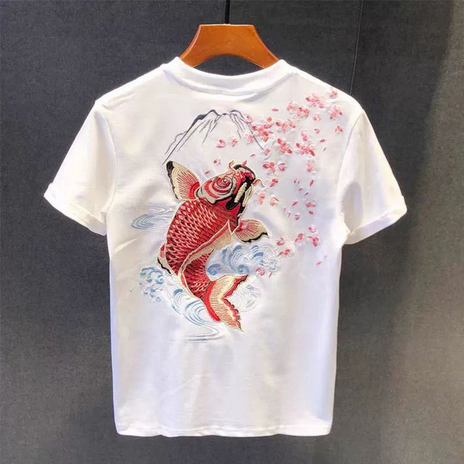 잉어 타투 반팔 일본 스카잔 티셔츠 물고기 자수 그림 화이트