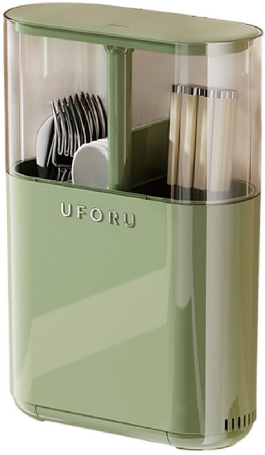 UFORU 廚房防塵 壁掛式餐具瀝水架 多格分類刀叉收納筒, 1個, 按壓升降筷子收納盒-中古綠