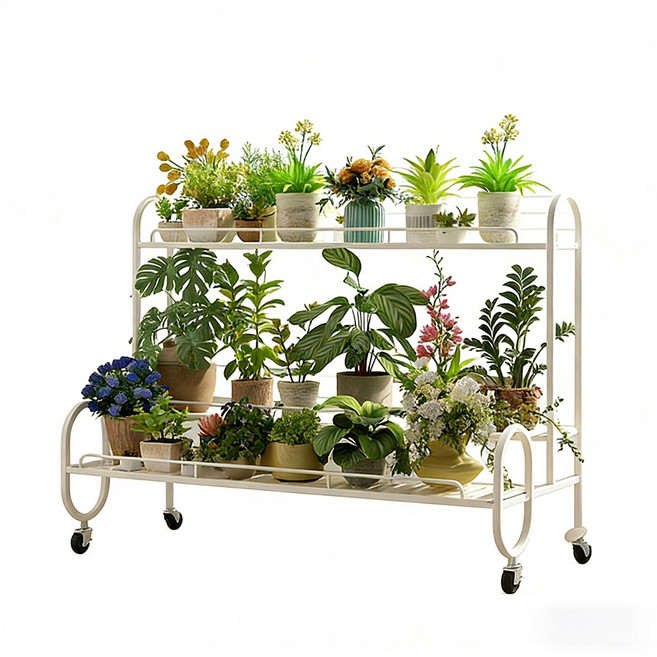 이동식 철제 화분 정리대 인테리어 다용도 수납 선반 화분진열대, 화이트-120cm, 3단