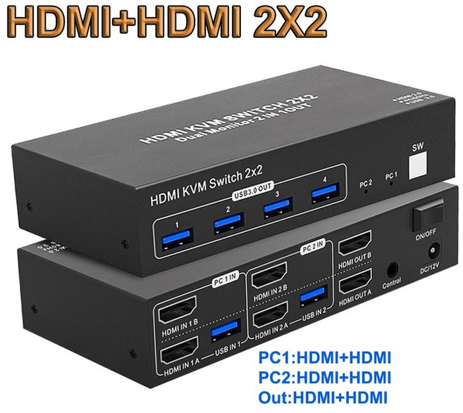 듀얼 모니터 HDMI 2.0 KVM 스위치 확장 디스플레이 HDMI 디스플레이 포트 USB 3.0 KVM 스위치 PC용 2 in 2 out 2X2 4k 60Hz, HDMI 2X2, 영국 전력