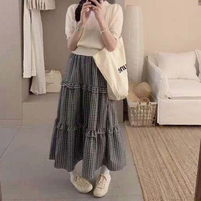 이서어패럴 프릴 밴딩 체크롱스커트9168