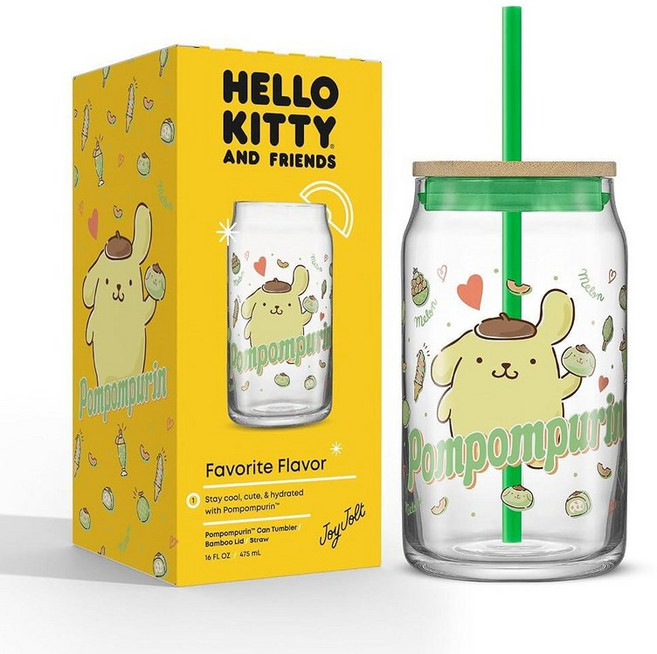 JoyJolt Sanrio 헬로 키티와 친구들 좋아하는 맛의 유리 텀블러 대나무 뚜껑과 빨대 포함 샘 방지 473.2ml(16온스) 투명 소다 캔 모양 컵 마이 멜로디, Pompompurin