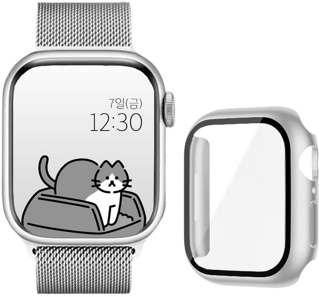 아이비온 애플워치 호환 밀레니즈 마그네틱 스트랩 + 풀커버 케이스 세트, 퓨어실버