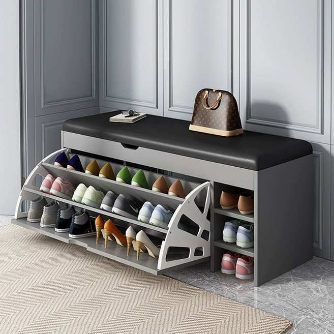SeekFun 고급 신발장 수납 현관신발장 벤치 플랩형 다용도 좌식 신발 수납장 정리대, 3단, 그레이