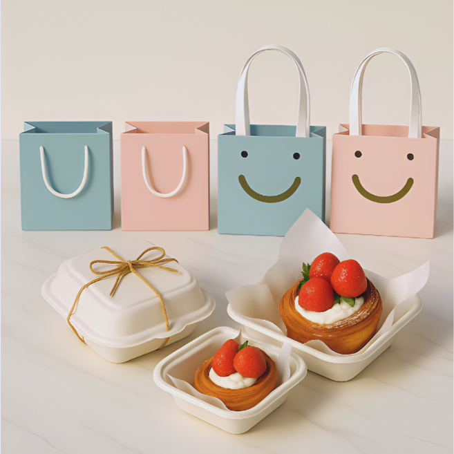 로지데코 펄프용기 쇼핑백 포장세트 펄프도시락 종이쇼핑백 5p + 펄프 용기10p +마끈 10p+유산지 10p /도시락 답례품 구디백 디저트 선물포장 일회용 도시락 테이크아웃 용기, 1세트, 민트블루스마일