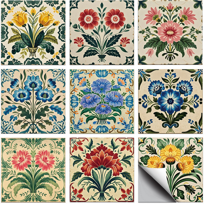 PVC 타일 시트지 세트 다양한 패턴 방수 주방 욕실 리폼 장식 10x10cm 9가지 다른 디자인 1세트 총 36개, 레트로 꽃