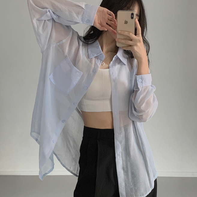 모던스튜디오 [살탐방지~빅사이즈까지] 여성용 여름 시스루 베이직 카라 셔츠