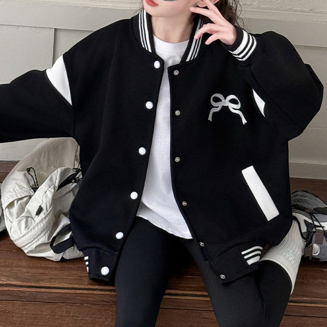 지디오 주니어 야구점퍼 봄 긴팔 배색 자켓 리본 자수 간절기 루즈핏 아우터 초등학생