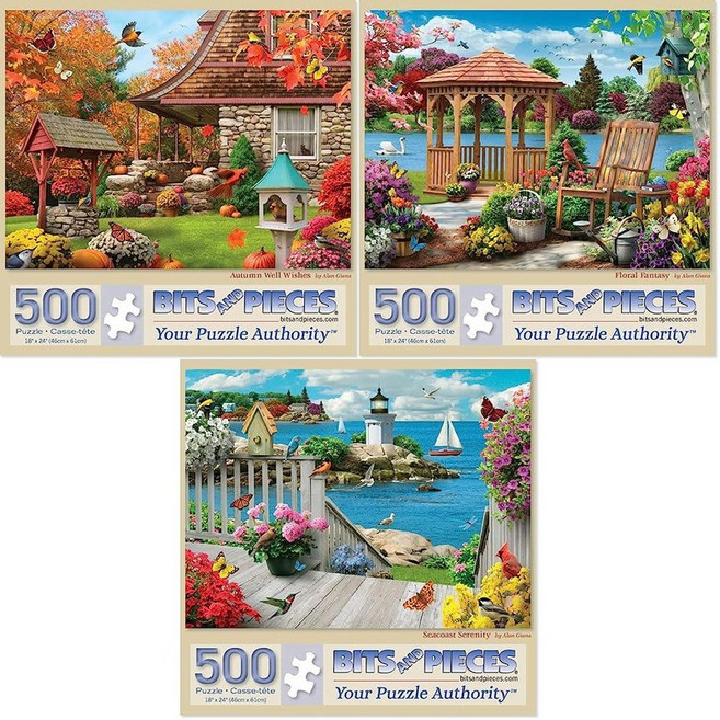 [4] Bits and Pieces 성인용 500피스 직소 퍼즐 3개 밸류 세트 - 아티스트 앨런 지아나의 가을 웰 위시 시코스트 세레니티 플로럴 판타지 직소 퍼즐 완성된, Three 300 Piece Puzzles