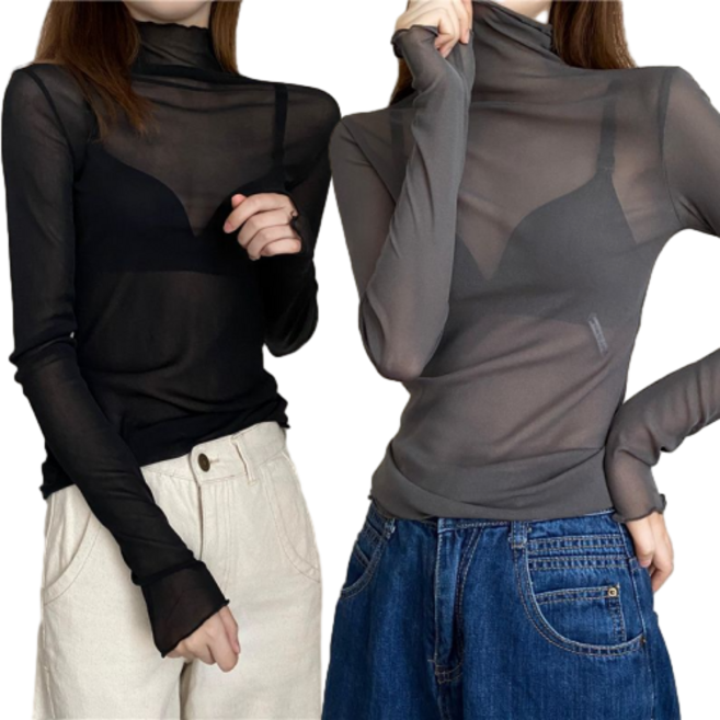 1+1 여성용 망사 시스루 목폴라 티셔츠 2종 세트 뉴타임즈 I812U626