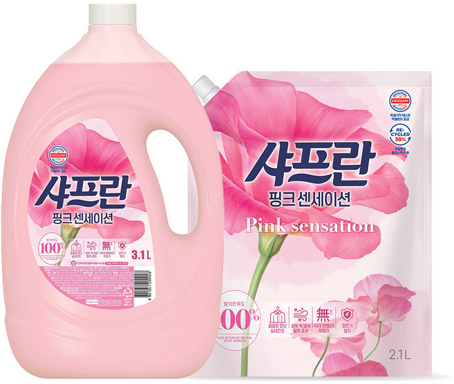 샤프란 섬유유연제 핑크 센세이션 용기 3.1L + 리필 2.1L