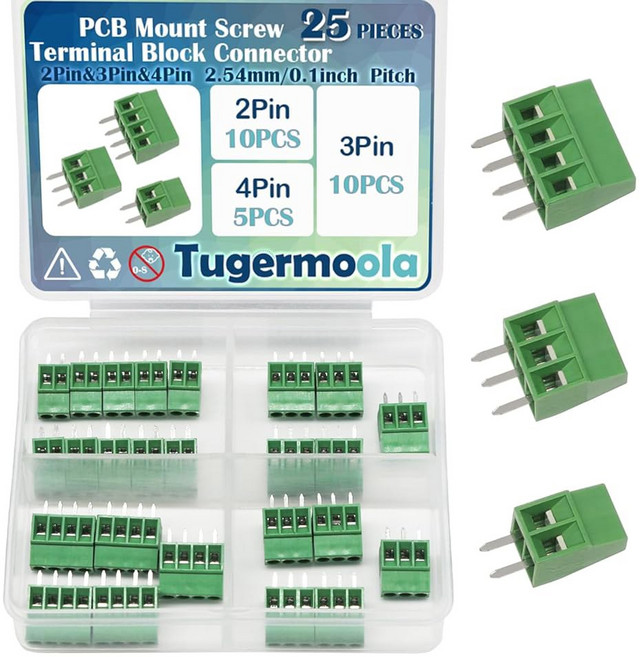 TUGERMOOLA 55PCS 2.54MM / 0.1인치 2핀 3핀 4핀 피치 PCB 마운트 나사 단자 블록 커넥터 모음 키트 보드 와이어 OLA009-55, 25PCS KIT(2P3P4P)