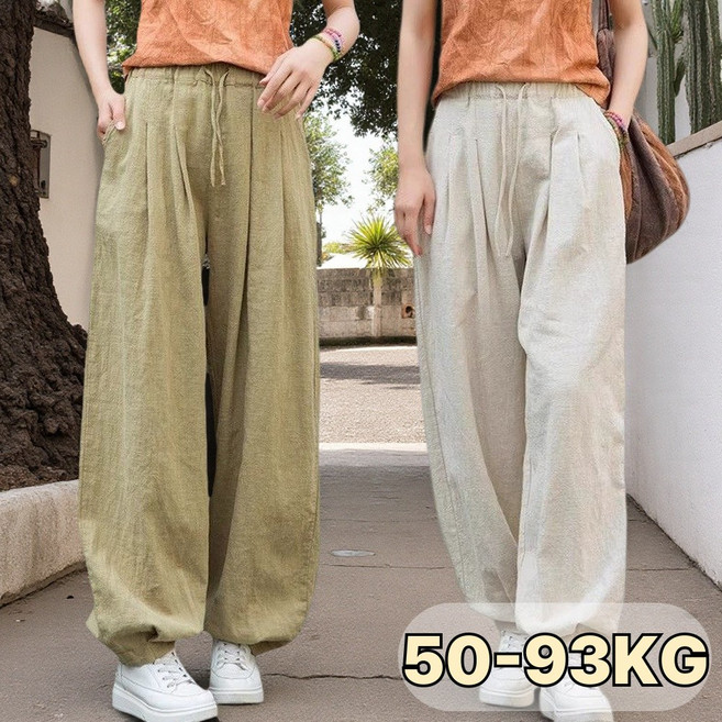 중년여성 편안한 린넨 와이드 반 바지 시원한 면 마 8부 조거 팬츠 빅사이즈