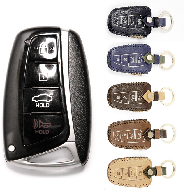 Frz 현대 B타입 4버튼 싼타페더프라임 싼타페DM 그랜저HG 에쿠스 자동차 스마트키 키케이스 천연 가죽 키 케이스 차키 홀더 커버 새차 선물 전화번호 연락처 각인, 카키네이비