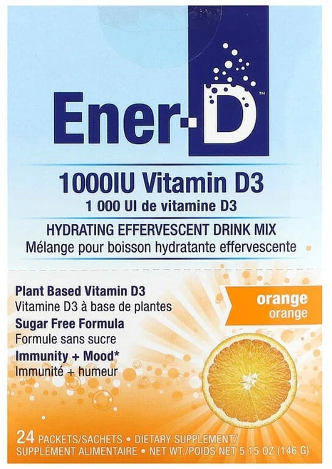 Ener-C Ener-D 비타민D3 수분 공급 발포정 드링크 믹스 무설탕 오렌지 1 000mg 24팩 Ener-C (이너C), 기본, 146g, 1개 - 쿠팡
