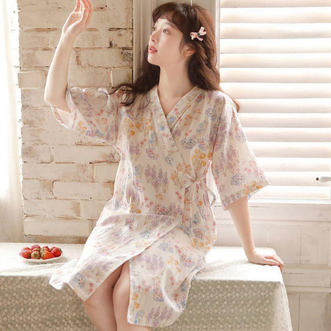 日系和服睡袍夏季睡衣女短袖輕薄睡裙可愛春秋家居服浴袍 副廠產品
