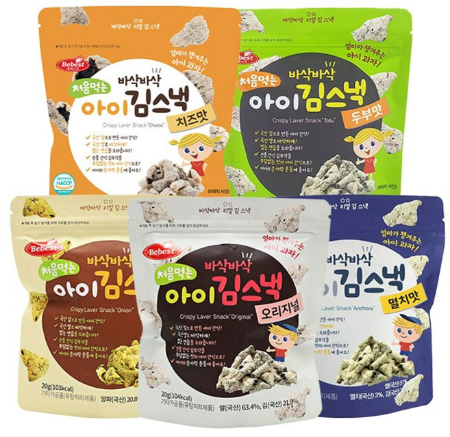 베베스트 처음먹는 아이 김스낵 5종세트 (오리지널+양파맛+두부맛+멸치맛+치즈맛), 1세트, 94g, 김스낵5종혼합