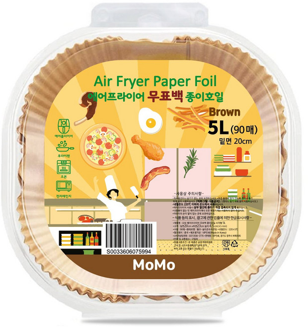 모모 무표백 에어프라이어 사각 종이호일 (브라운) MoMo Brown, 1세트, 90개, 20cm