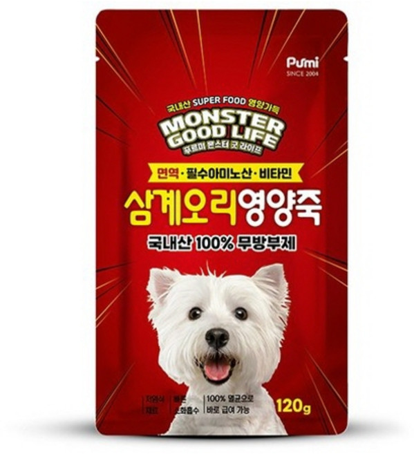 푸르미 몬스터 굿 라이프 강아지 영양죽 파우치, 삼계오리, 120g, 6개