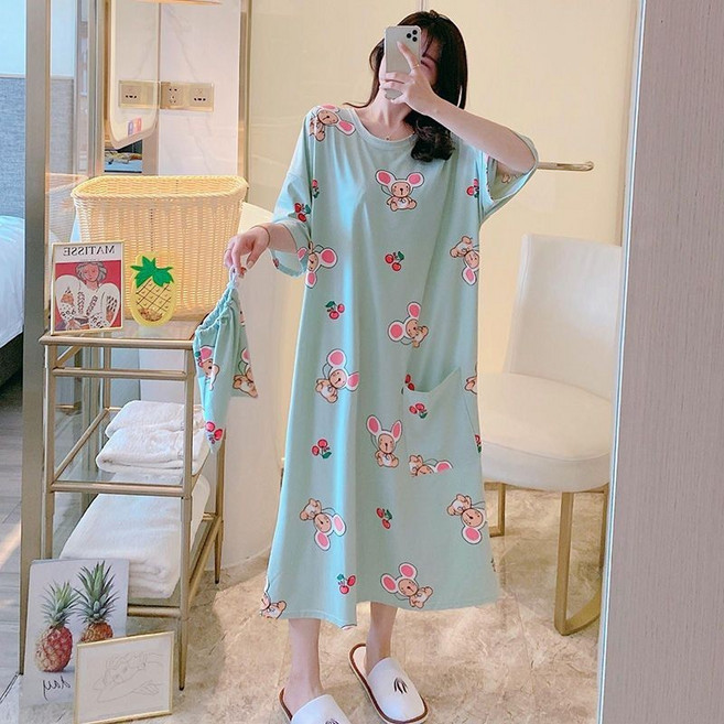 韓版寬鬆加大碼印花中長款連身睡裙