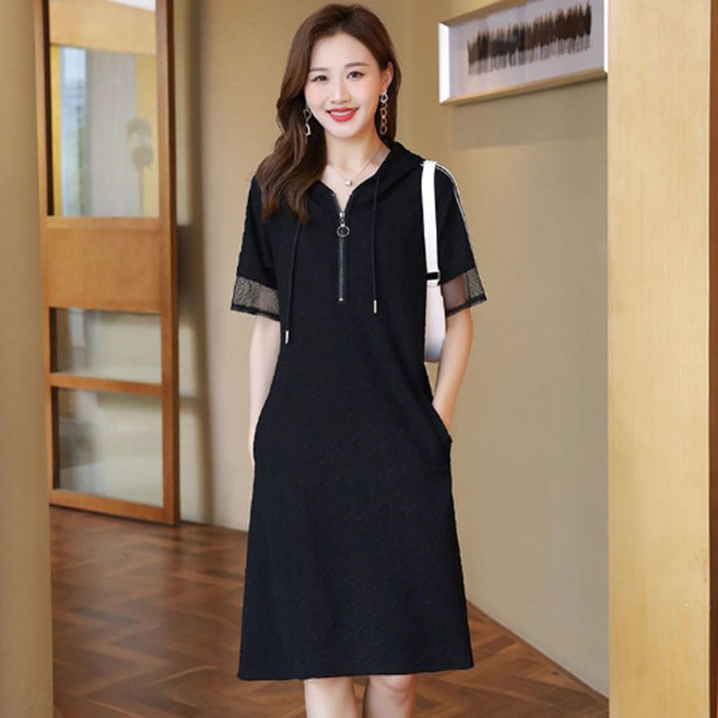 다중성 여성 빅 사이즈 블랙 후드 캐주얼 원피스