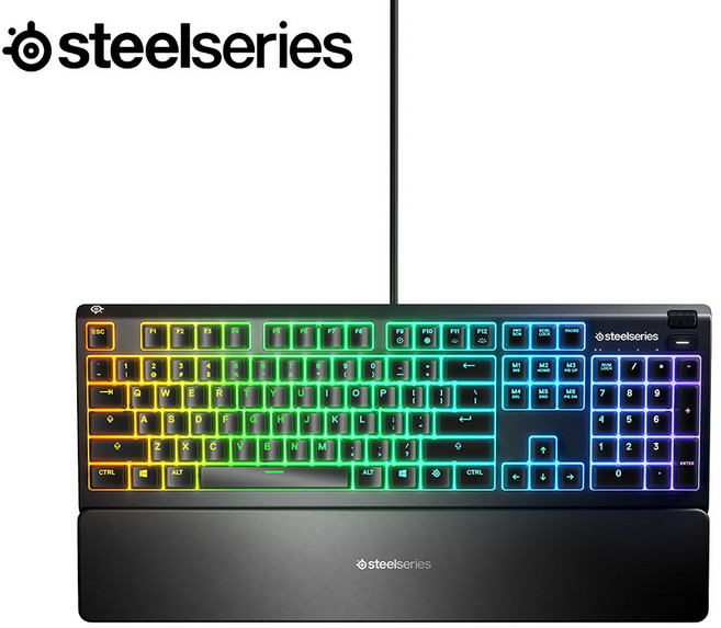 스틸시리즈 Apex 3 KR 저소음 게이밍 키보드 풀배열 한글 각인 키캡 생활 방수/방진, 스틸시리즈 Apex 3 KR 저소음 게이밍 키보드 풀배