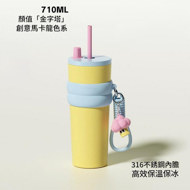 710ML 316不鏽鋼保溫杯帶吸管 高效保溫保冰 創意馬卡龍色系, 黃色, 1套, 710L