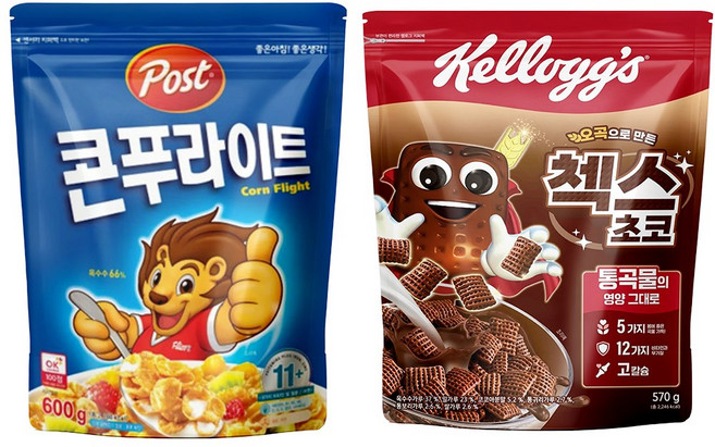시리얼 2종 켈로그 첵스초코 570g 1개 + 포스트 콘푸라이트 600g 1개, 1.17kg