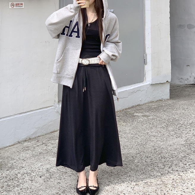 앤샵 여성용 허리밴딩 찰랑 플레어 롱 스커트 맥시 기장 꾸안꾸 원마일룩 A라인 치마 이시스