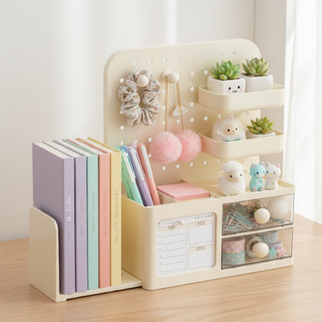 리브히어 타공판 책꽂이 책상 정리함(투두리스트 메모지 추가 제공), 1개, 크림