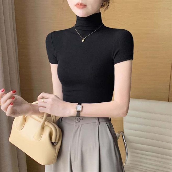 TKX 여성 반팔 니트 하이넥 슬림핏 티셔츠 베이직 심플 데일리 오피스 캐주얼 신축성 좋은 탑 이너