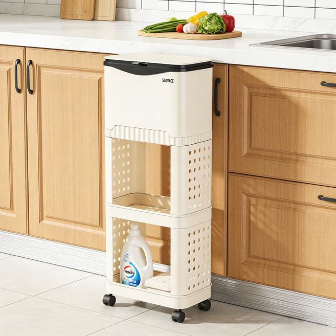 슈퍼인 주방 쓰레기통 수납형 분리수거함 다단 이동식 뚜껑있는 휴지통, 화이트