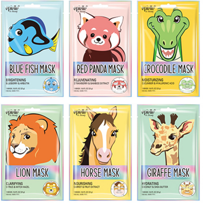 에피엘르 동물 캐릭터 마스크팩 혼합 (레드판다/블루피쉬/라이언/기린/홀스/크로커다일) 1매입 6개, 1개입