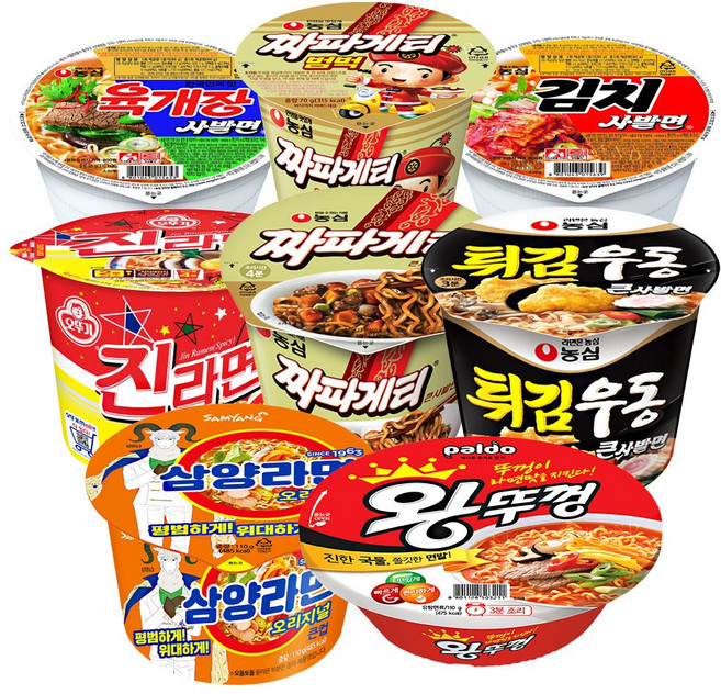 큰컵라면세트 육개장+김치사발면+진라면매운맛+왕뚜껑+삼양라면+짜파게티+짜파게티범벅+튀김우동, 3세트