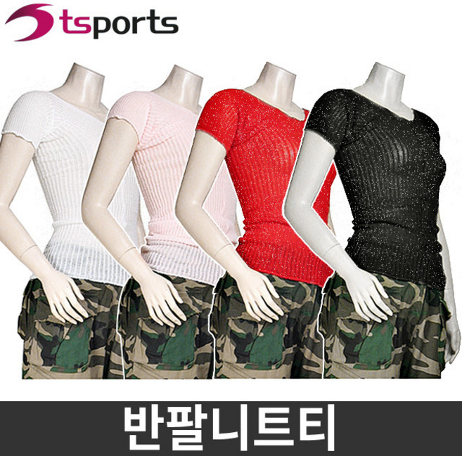 TS스포츠 에어로빅 반팔니트티 털티 쫄티 에어로빅복, 레드펄