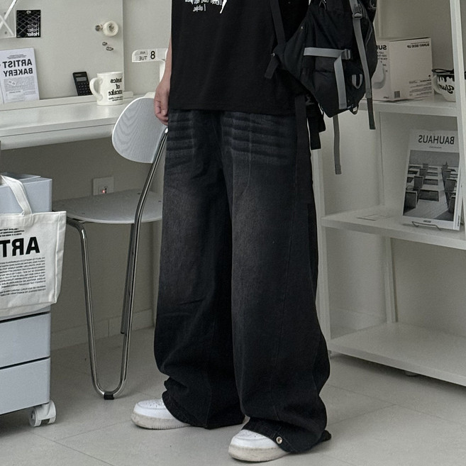 르위 남성용 와이드 데님팬츠 밴딩 사이드핀턱 벌룬 청바지 빅사이즈