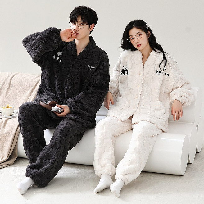 ANYOU 겨울 커플 잠옷 잠옷세트 신혼부부 잠옷 곰돌이 플란넬 도톰 긴팔 상하의 세트 빅사이즈 캐주얼 홈웨어
