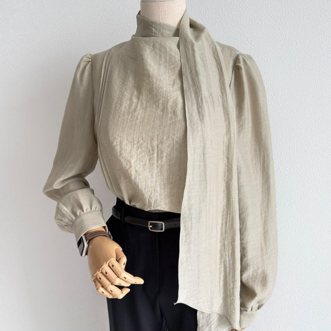 타이넥 스카프 블라우스 앞뒤착용 은은한광택 오피스룩 하객룩 베이지 카키