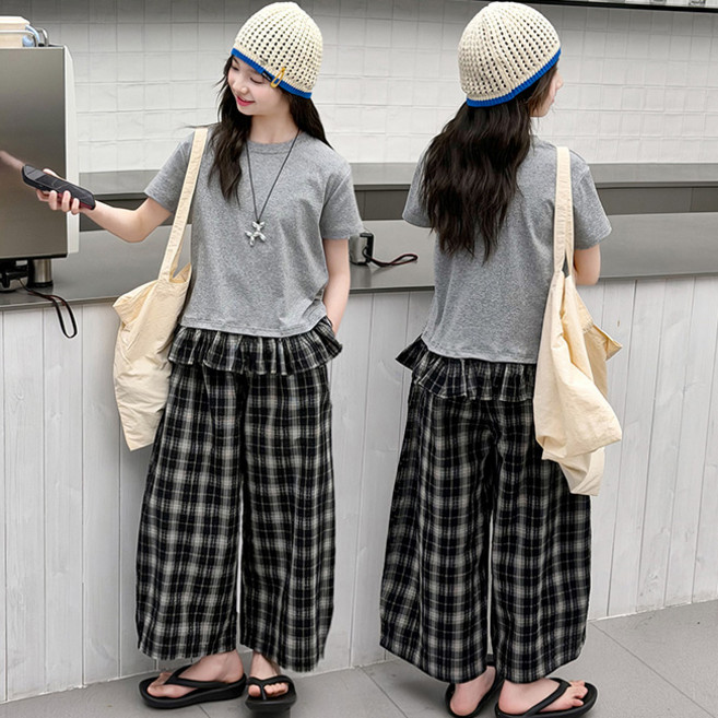 비비키드 여아 여름 초중생 상의 주니어 반 팔티 상의+하의 세트 반팔티 프릴 검정 체크 긴바지 세트 (2607