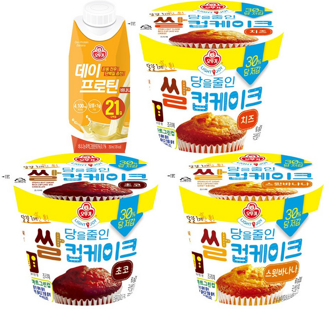 오뚜기 프로틴&저당 간식세트 (데이프로틴 바나나 250ml + LIGHT&JOY 당을 줄인 쌀컵케이크 각 3개씩(초코/스윗바나나/치즈))